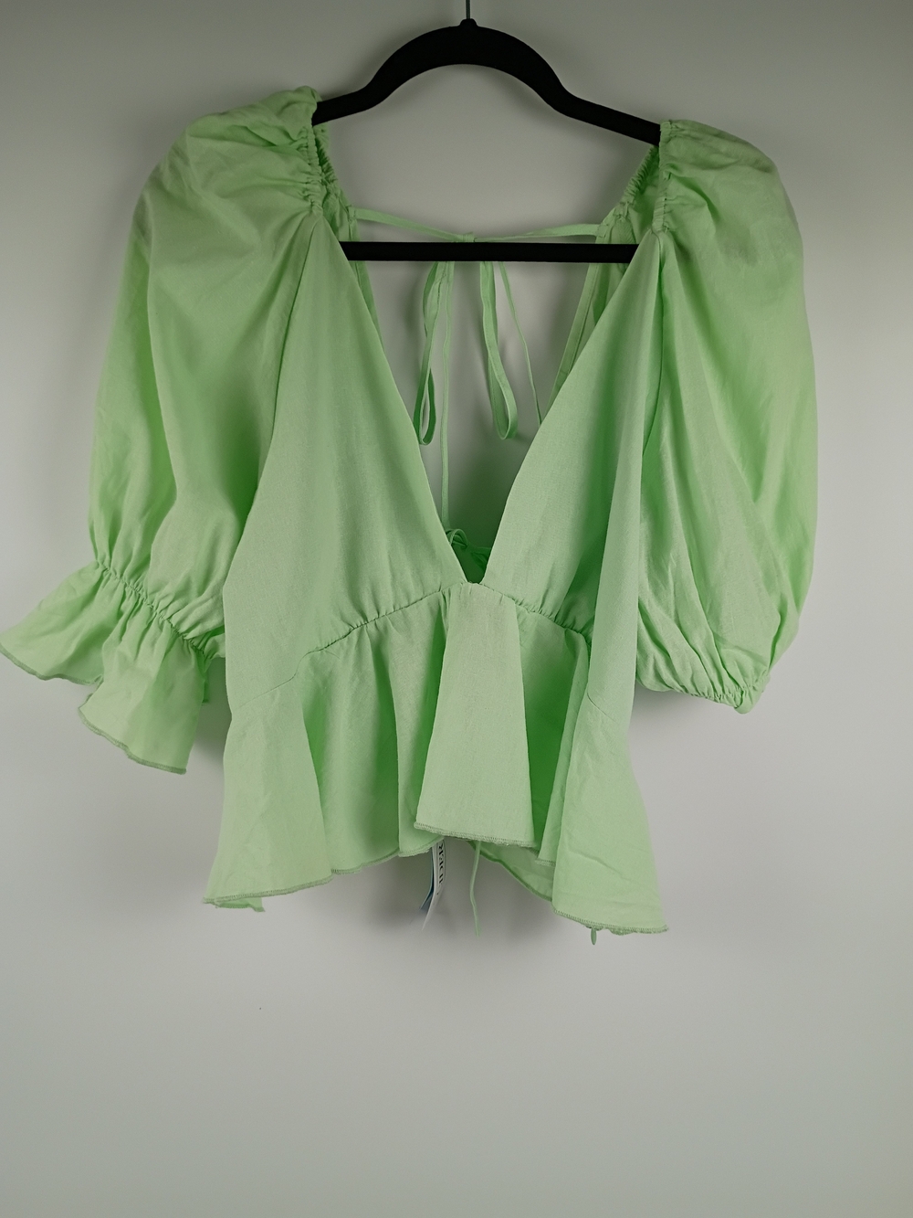 Cider Light Green Puff-Sleeve Peplum Blouse